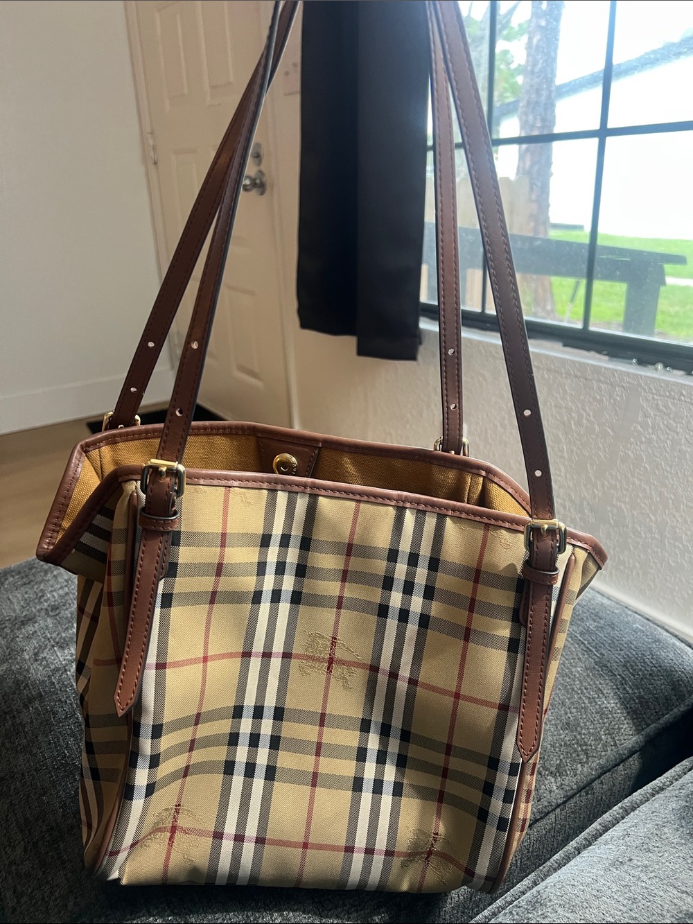 Burberry Tan Check Canvas Tote with Brown Leather Straps
